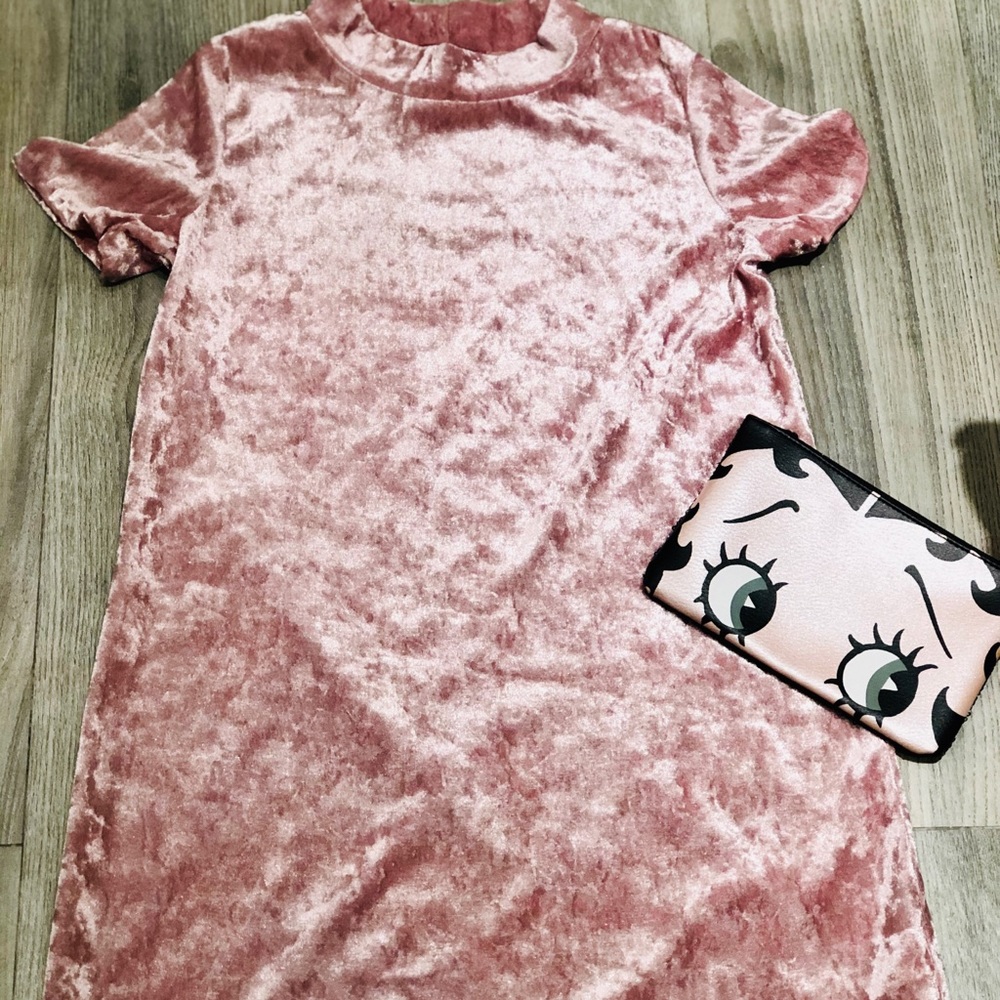 Aqua Crushed Velvet Shift Dress Pink - Picture 1 of 5